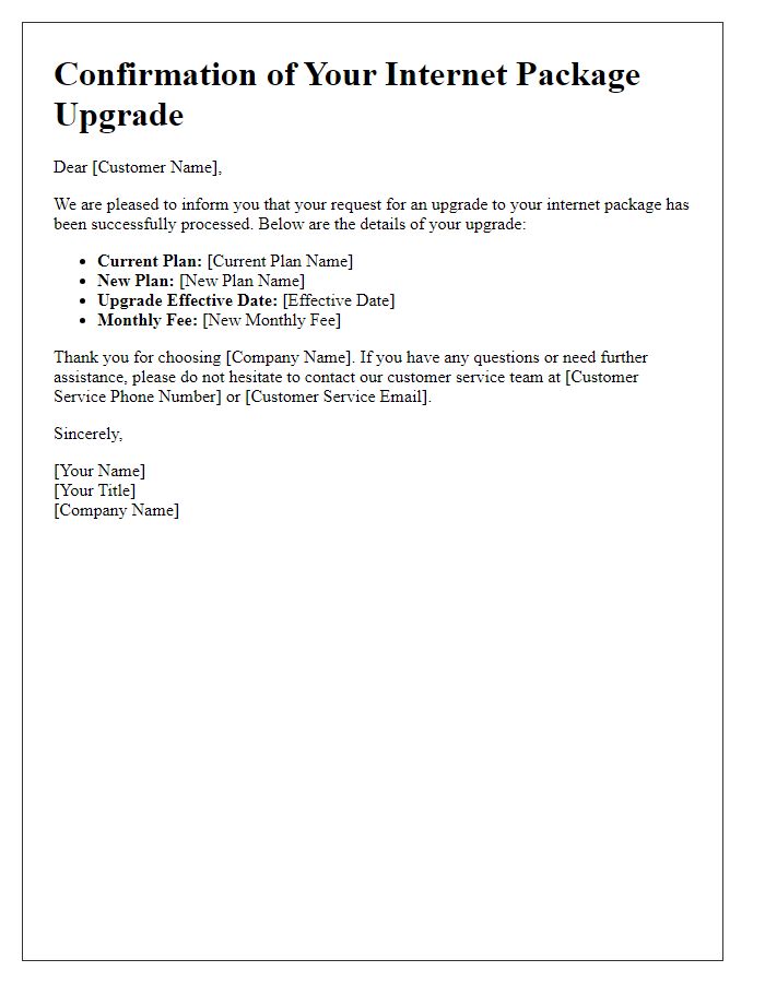 Letter template of confirmation for internet package upgrade