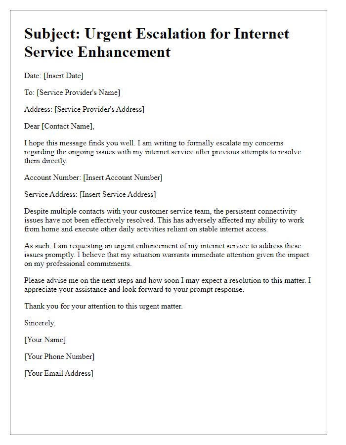 Letter template of escalation for urgent internet service enhancement