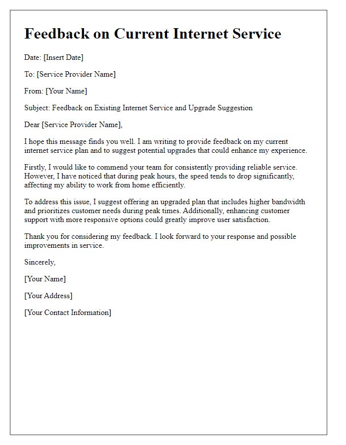 Letter template of feedback on existing internet service with upgrade suggestion