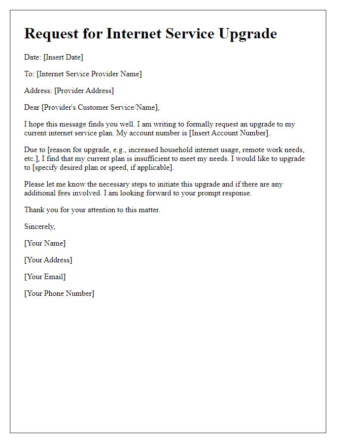 Letter template of request for internet service upgrade
