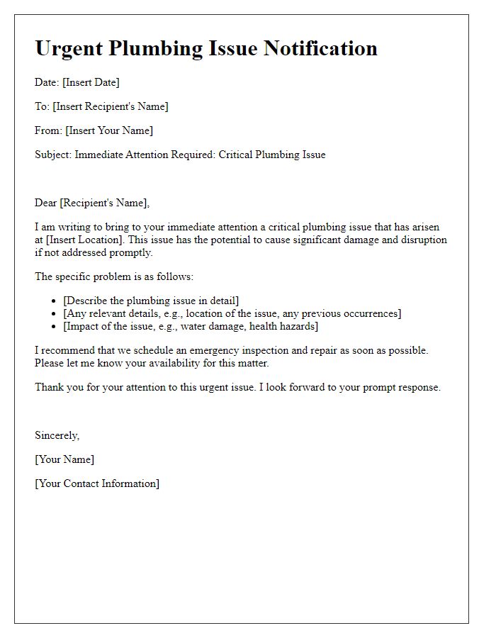 Letter template of critical plumbing issue communication