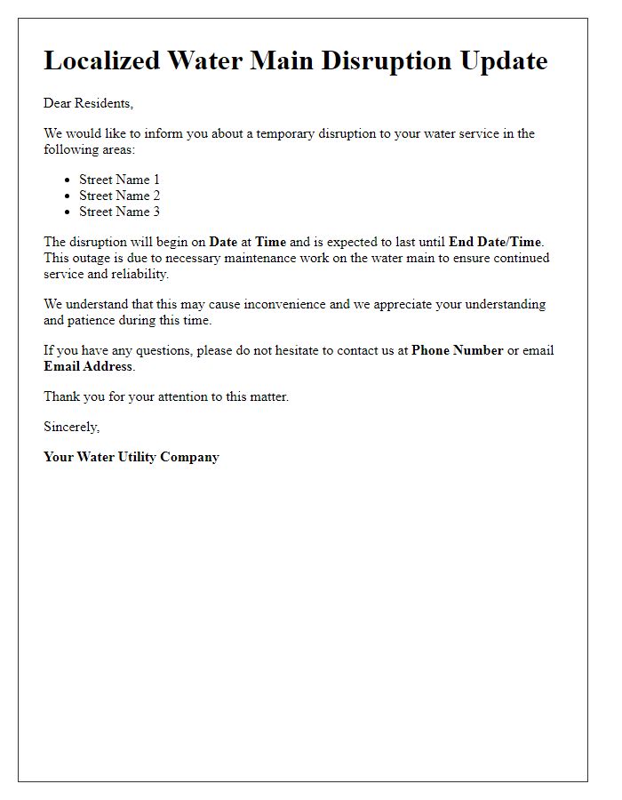 Letter template of localized water main disruption update