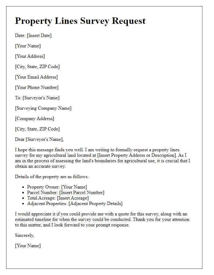 Letter template of property lines survey request for agricultural land assessment.