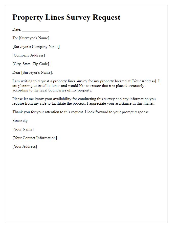 Letter template of property lines survey request for fence installation.