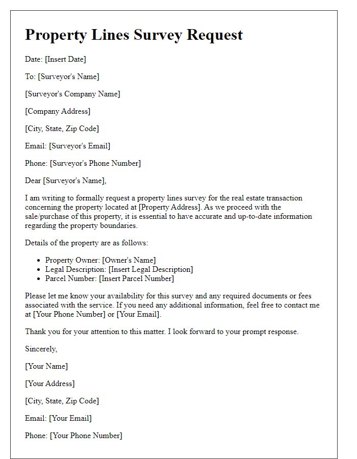 Letter template of property lines survey request for real estate transactions.