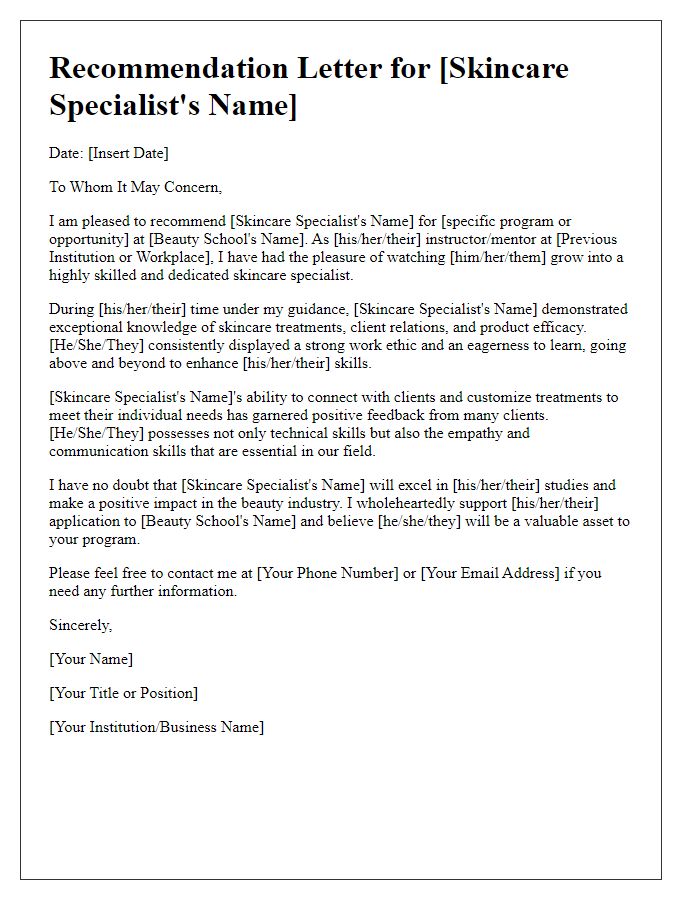 Letter template of beauty school recommendation for skincare specialist