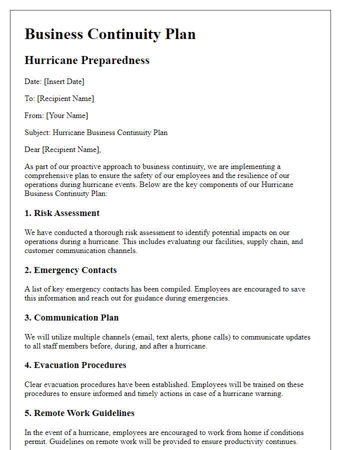 Letter template of business continuity plans for hurricanes