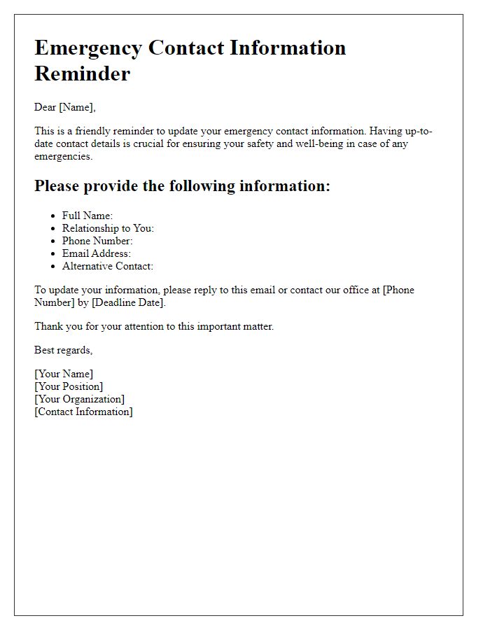 Letter template of emergency contact information reminder