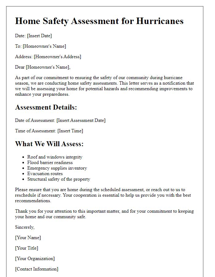 Letter template of home safety assessments for hurricanes