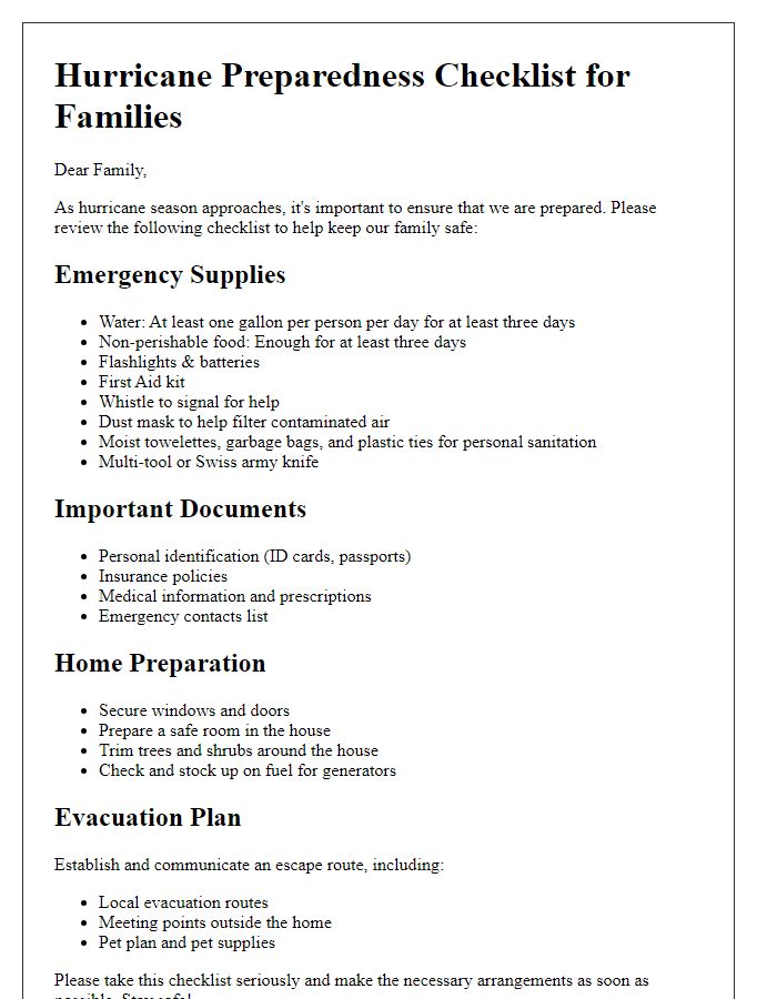 Letter template of hurricane preparedness checklist for families