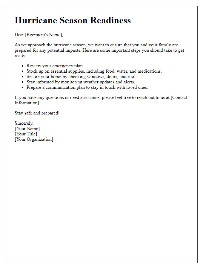 Letter template of hurricane season readiness communication