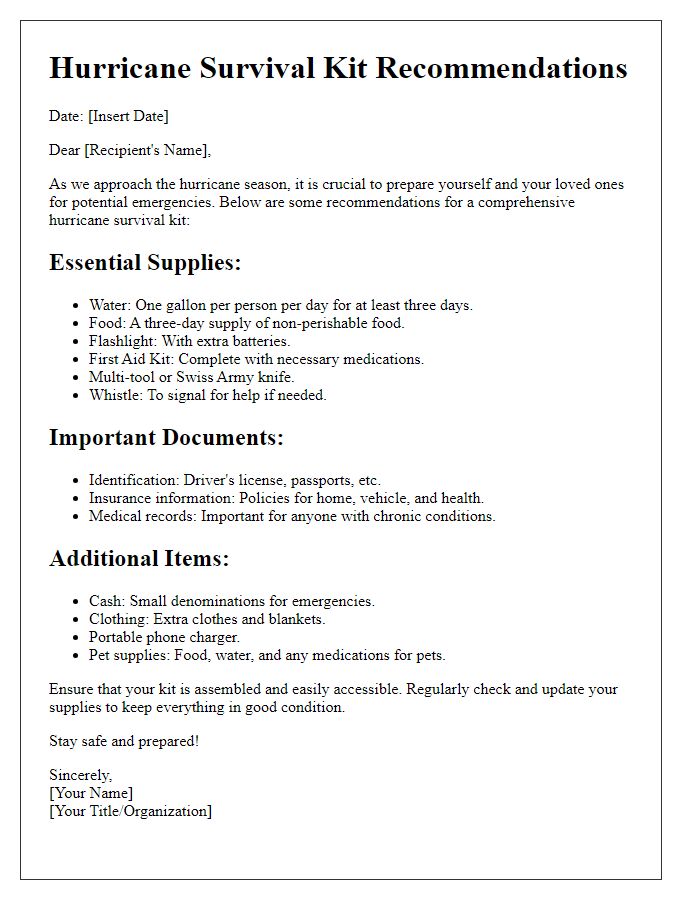 Letter template of hurricane survival kit recommendations