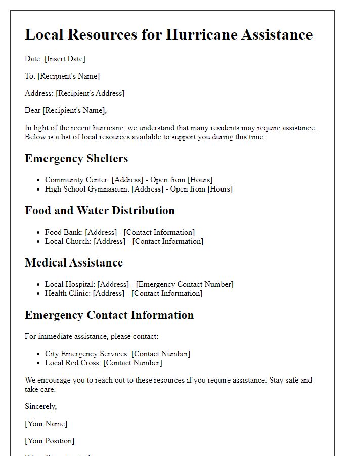 Letter template of local resources for hurricane assistance