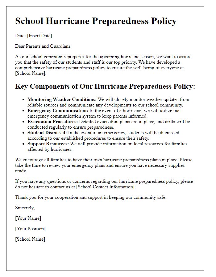 Letter template of school hurricane preparedness policy