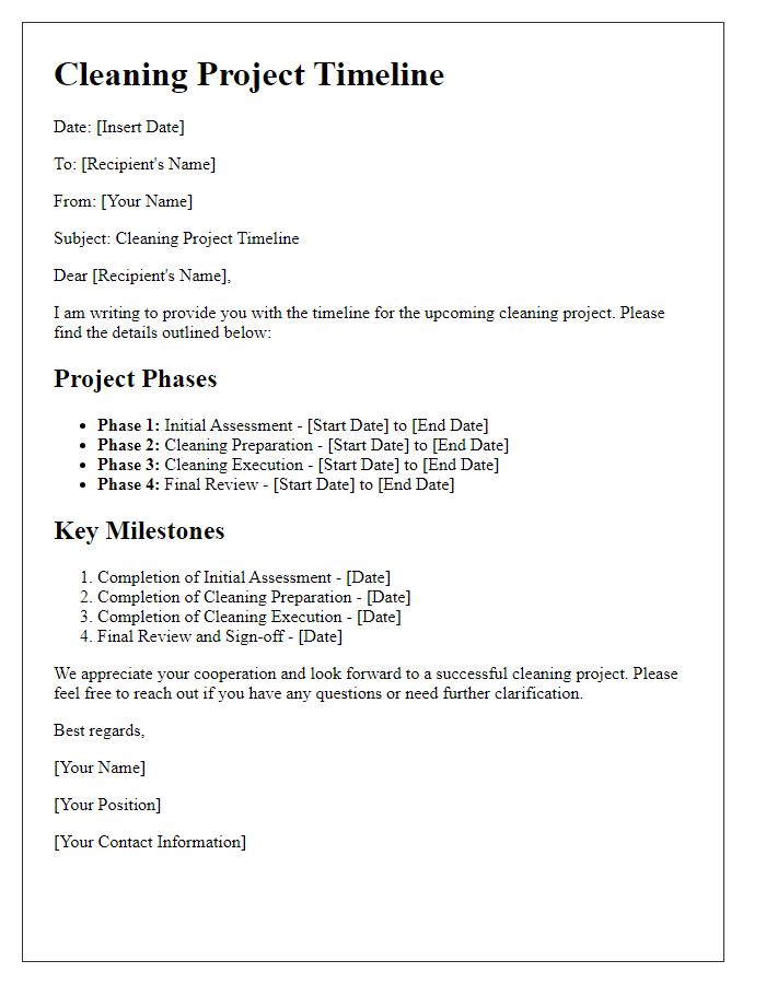 Letter template of cleaning project timeline