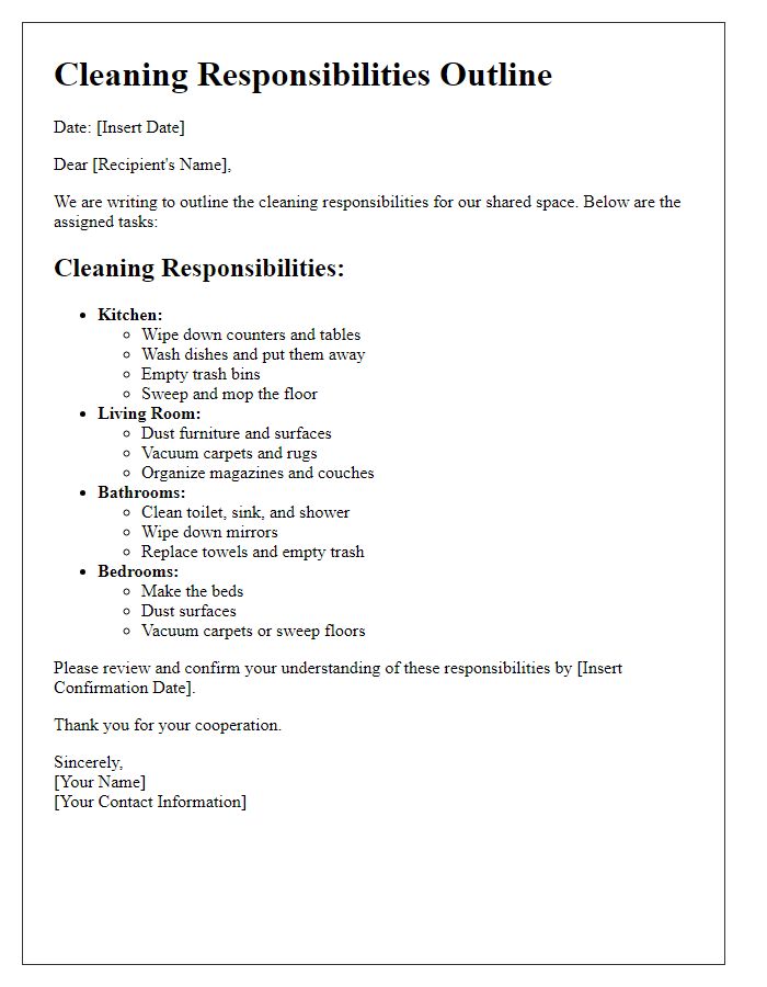 Letter template of cleaning responsibilities outline