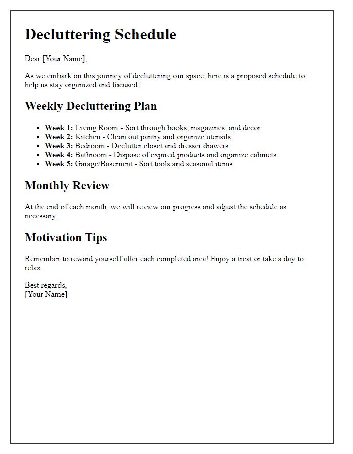 Letter template of decluttering schedule