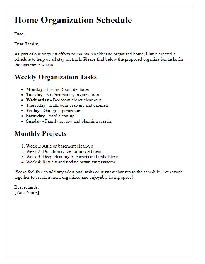 Letter template of home organization schedule