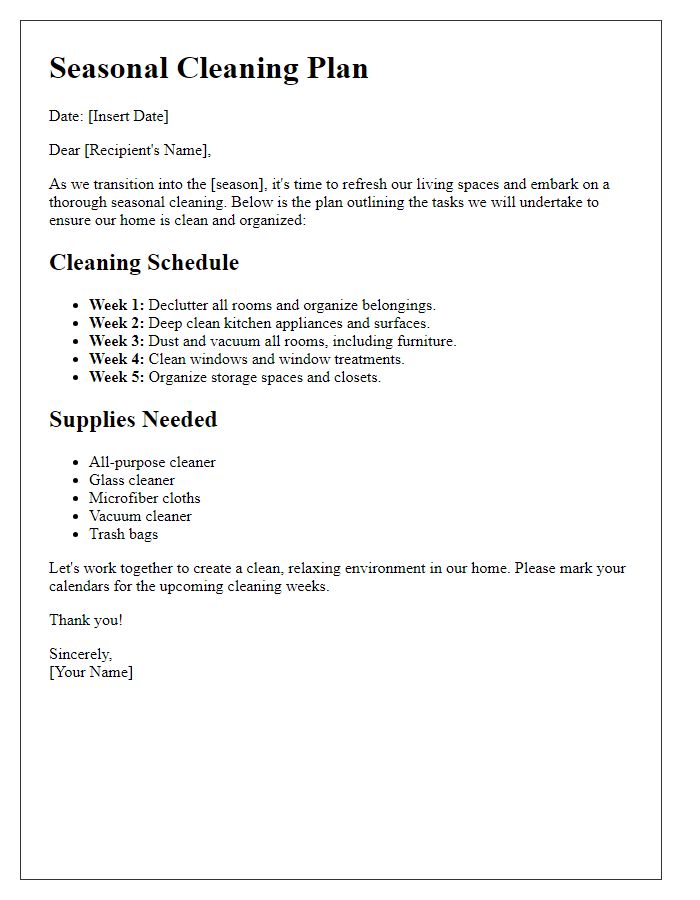 Letter template of seasonal cleaning plan