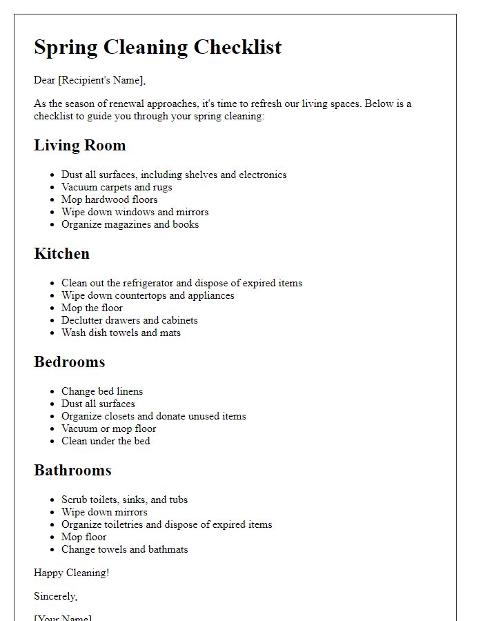 Letter template of spring cleaning checklist