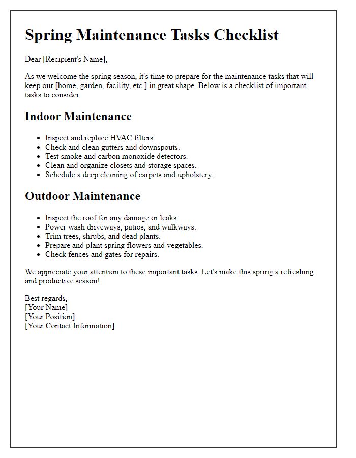 Letter template of spring maintenance tasks