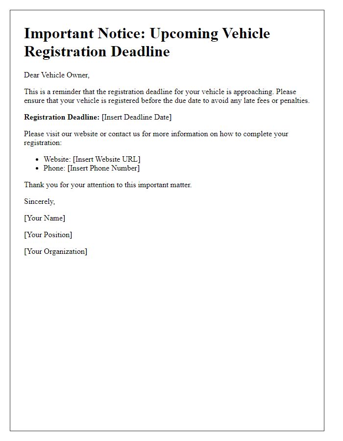 Letter template of upcoming vehicle registration deadline