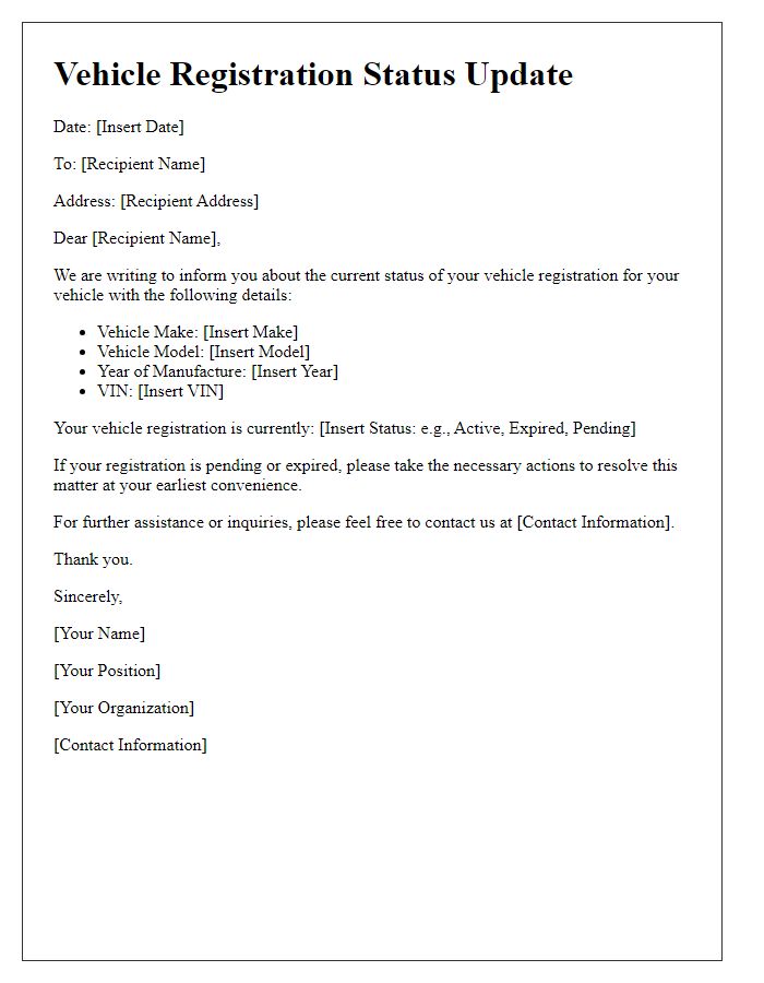 Letter template of vehicle registration status update