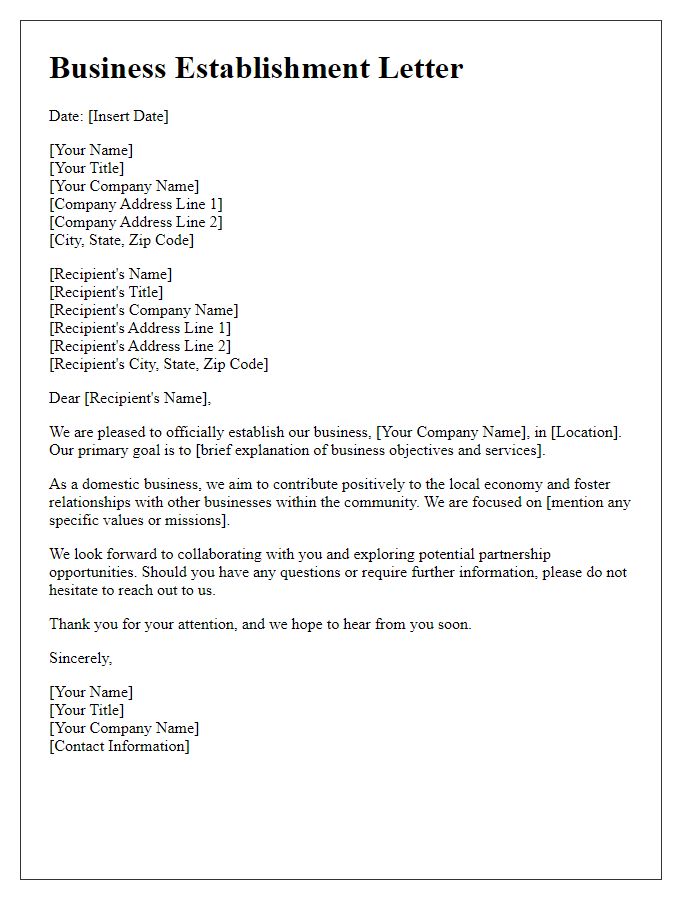 Letter template of domestic business establishment letter