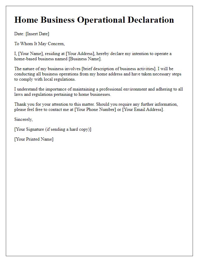 Letter template of home business operational declaration