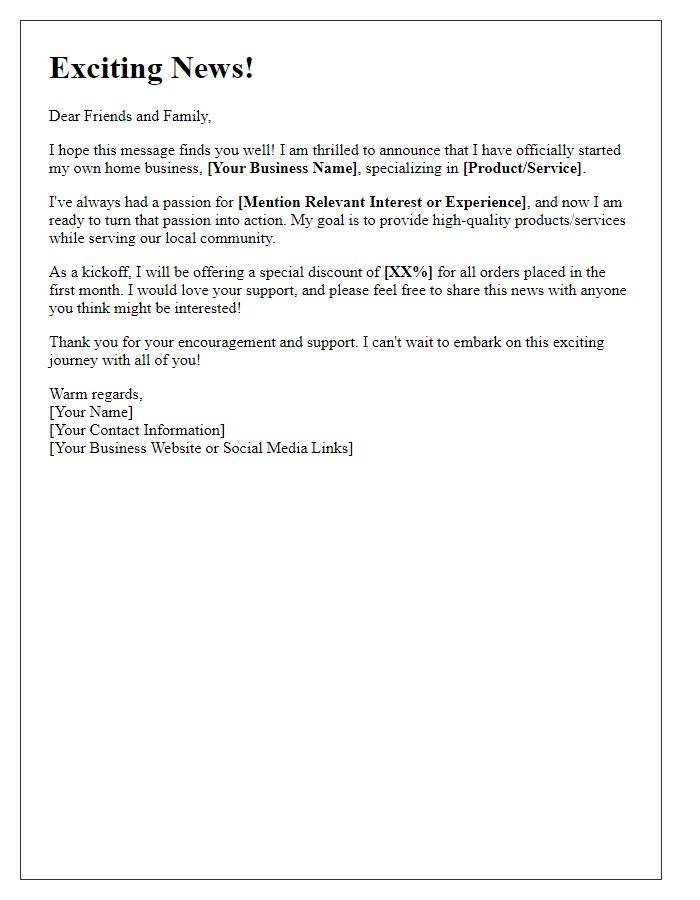 Letter template of informal home business announcement