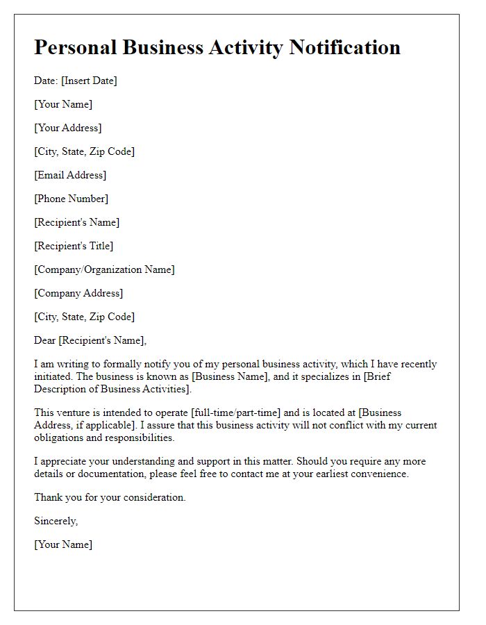 Letter template of personal business activity notification