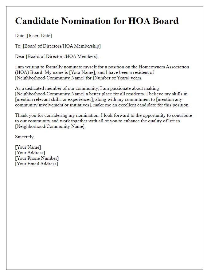 Letter template of Candidate Nomination for HOA Board