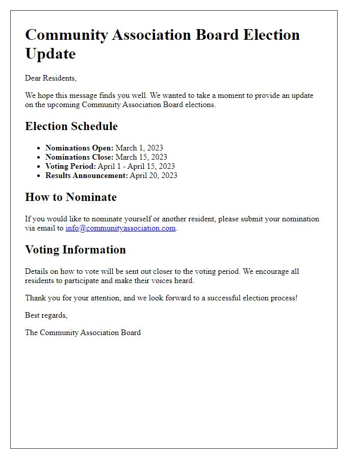 Letter template of Community Association Board Election Update