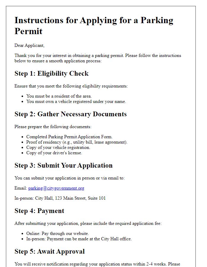 Letter template of Instructions for Applying for a Parking Permit