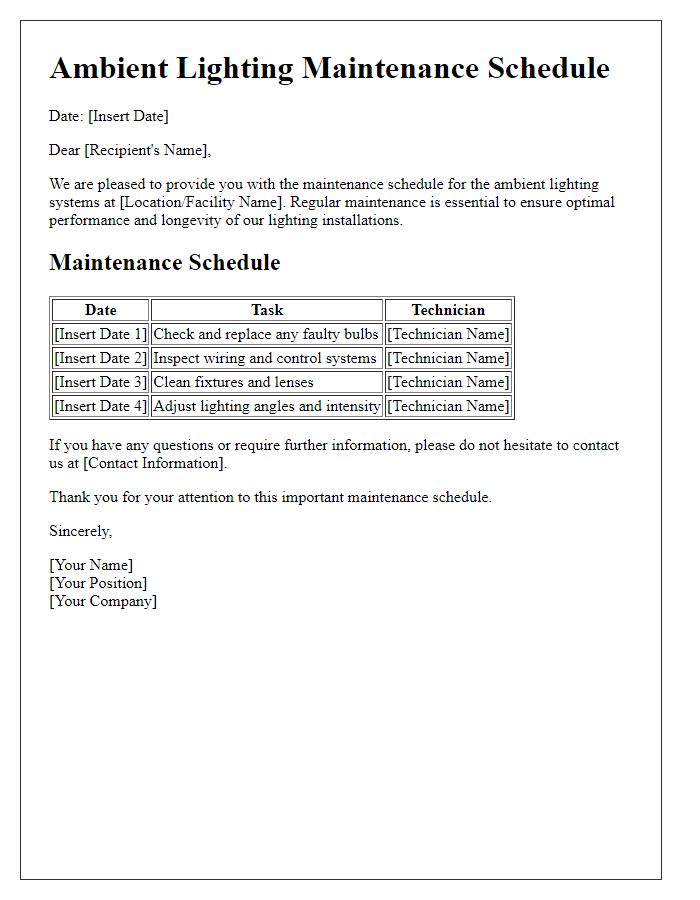 Letter template of ambient lighting maintenance schedule