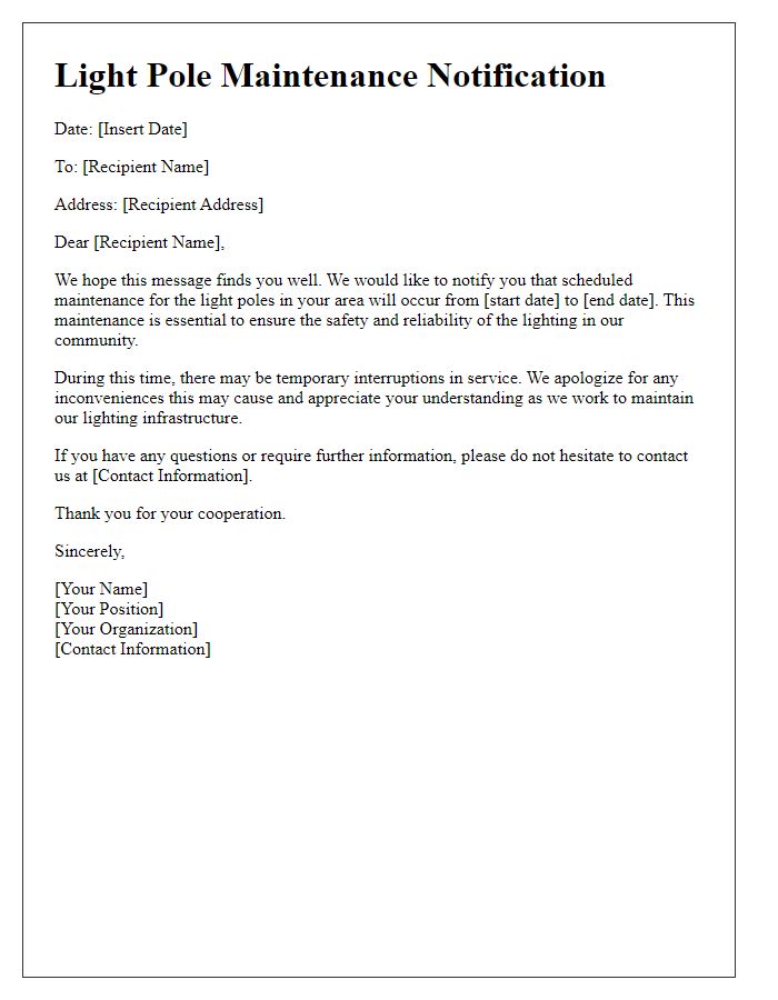 Letter template of light pole maintenance notification