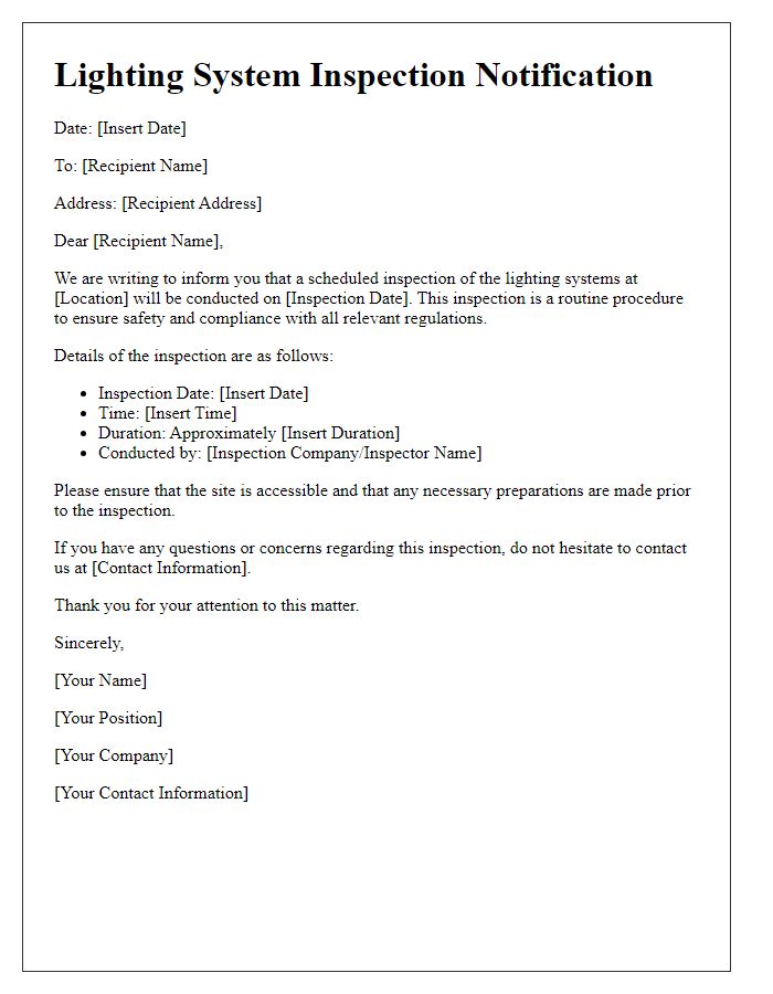 Letter template of lighting system inspection notification