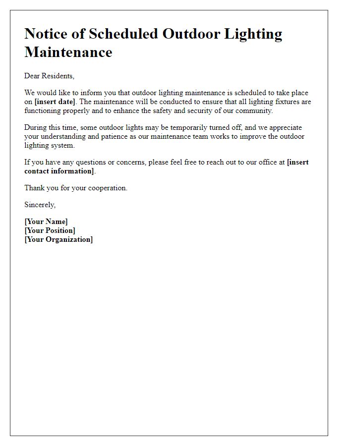 Letter template of outdoor lighting maintenance announcement