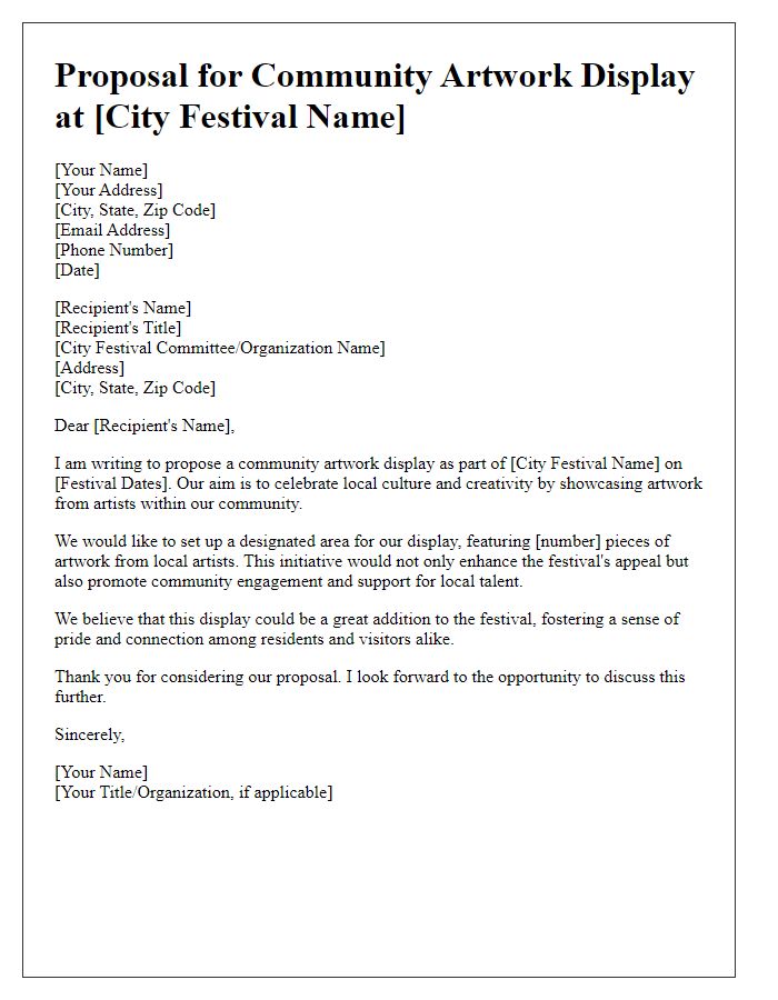 Letter template of community artwork display proposal for city festival participation