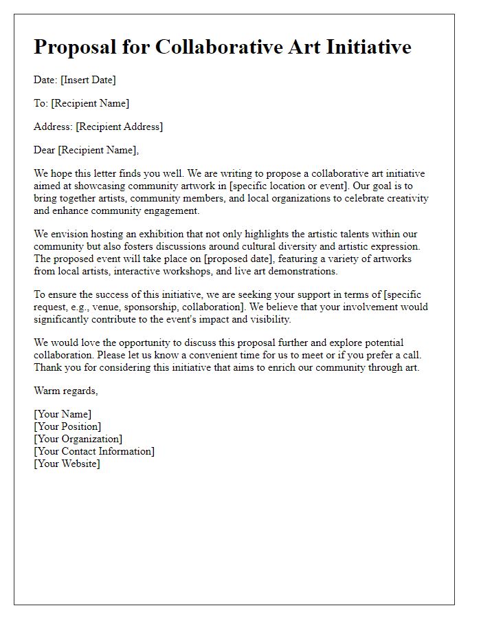 Letter template of community artwork display proposal for collaborative art initiative