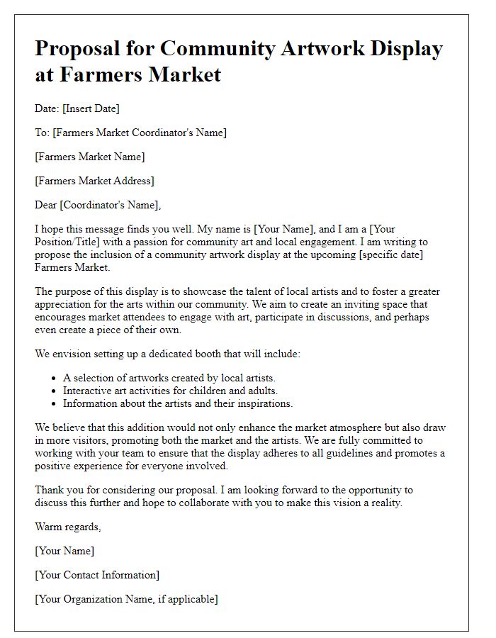 Letter template of community artwork display proposal for farmers market art booth