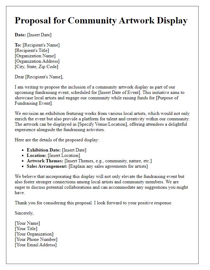 Letter template of community artwork display proposal for fundraising event art display