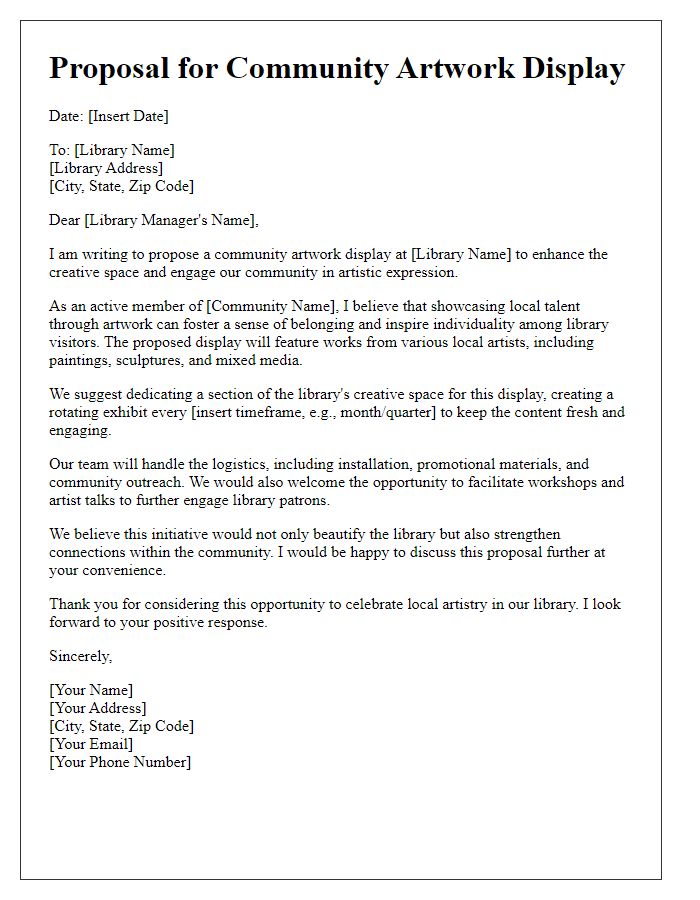 Letter template of community artwork display proposal for library creative space