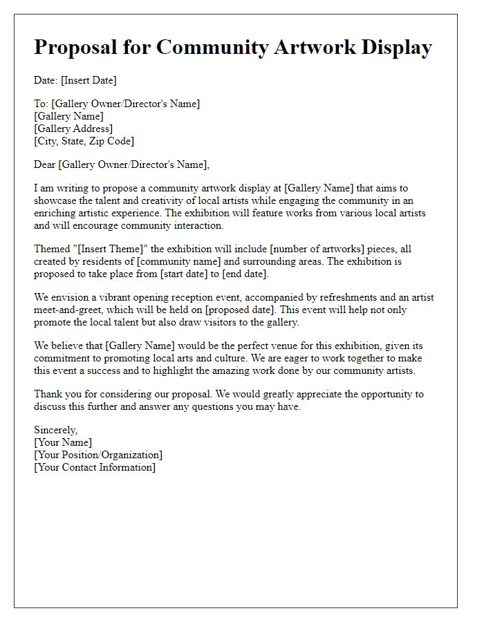 Letter template of community artwork display proposal for local gallery exhibition