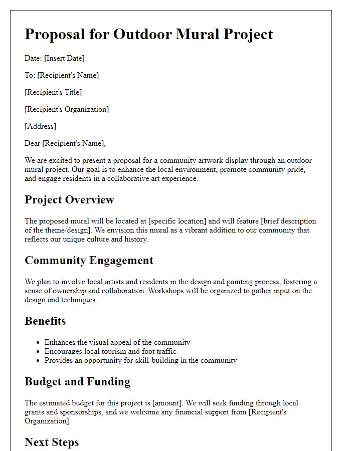 Letter template of community artwork display proposal for outdoor mural project