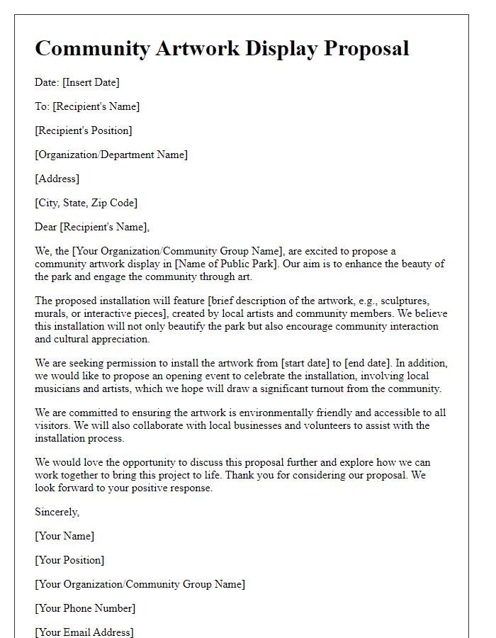 Letter template of community artwork display proposal for public park installation