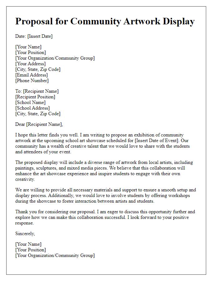 Letter template of community artwork display proposal for school art showcase