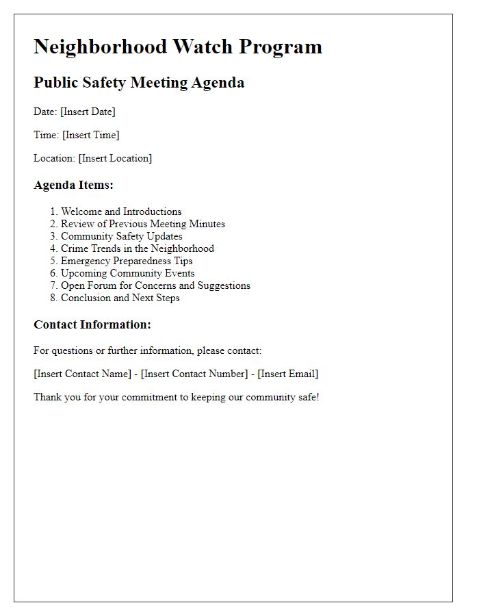 Letter template of Public Safety Meeting Agenda for Neighborhood Watch Program