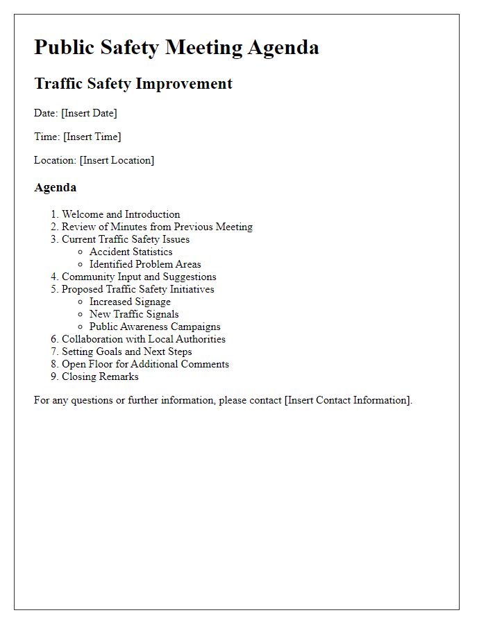 Letter template of Public Safety Meeting Agenda for Traffic Safety Improvement