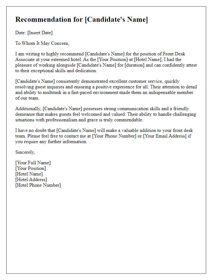 Letter template of a hotel staff recommendation for front desk associate